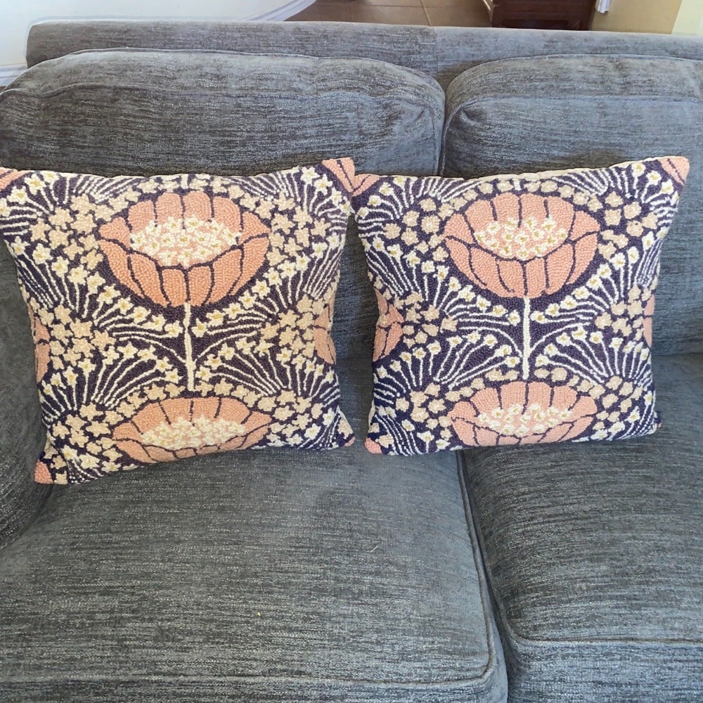 2 Floral Hooked Rug Pillow Lavender and Peach 18x18